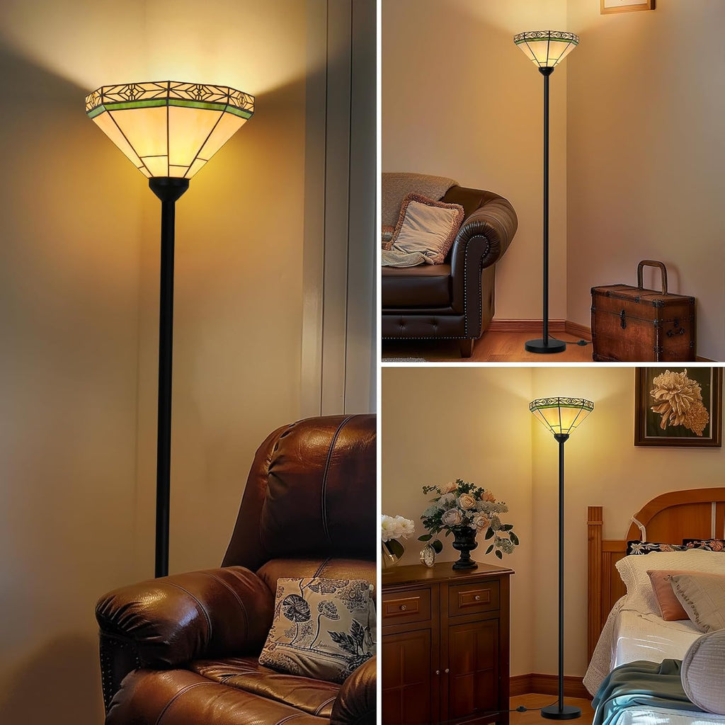 Floor Lamp with Stained Glass Shade, Vintage Style Torchiere Standing Lamp, Tall Pole Lamp with Foot Switch