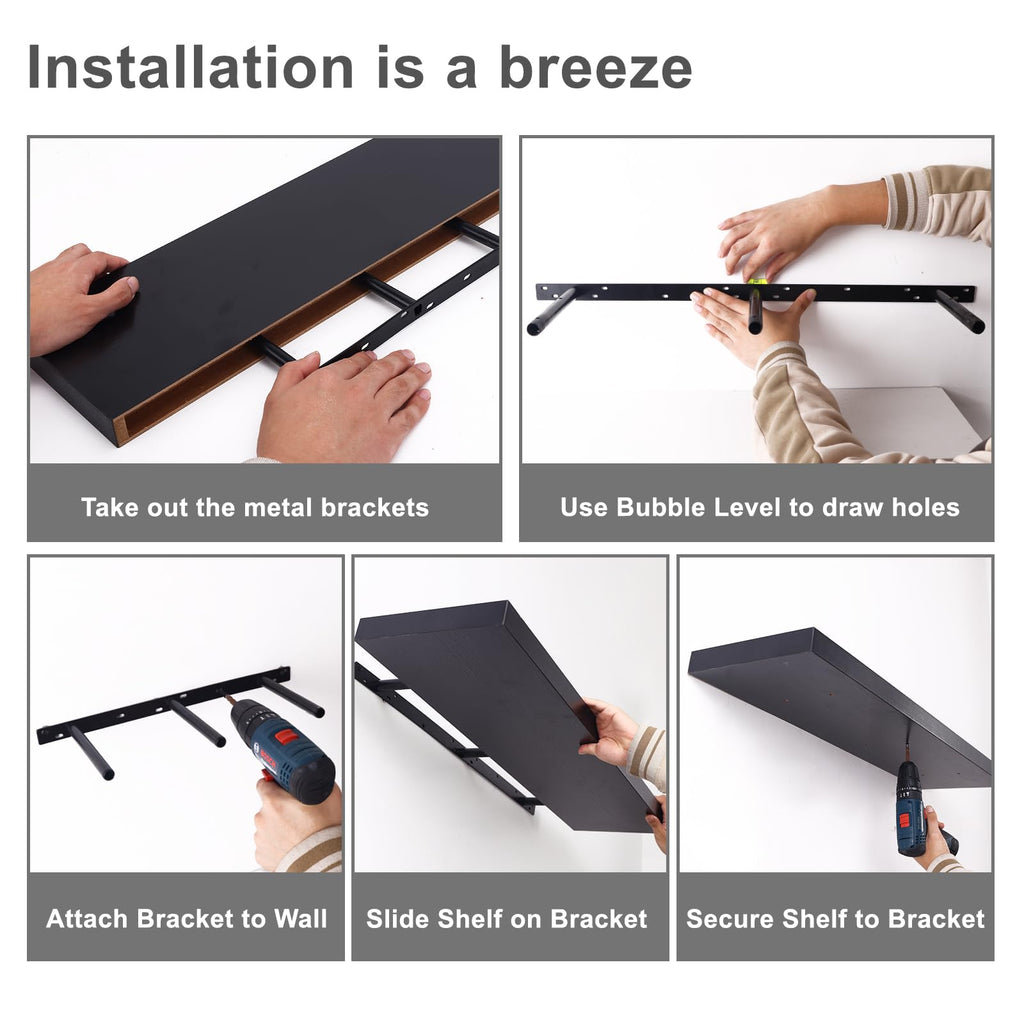Floating Wall Shelves for Decor (Black, Set of 2, 35.4Inch)