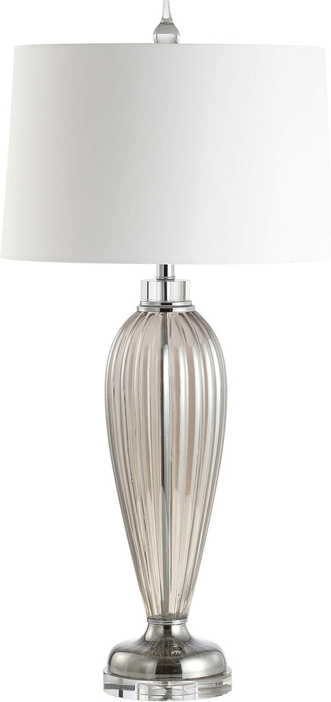 33.5" Smoked Grey Glass/Crystal Table Lamp, Traditional Fluted Glass Column with White Faux Silk Drum Shade