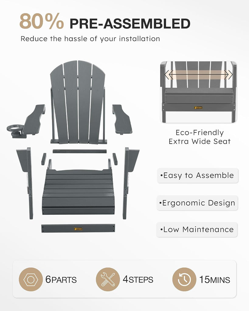 Folding Adirondack Chair, Patio Chair Wood Texture, Outdoor Chair Weather Resistant, Fire Pit Chair with Cup Holder
