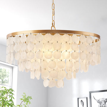 24" Coastal Capiz Shell Chandelier, 5 Light Gold Dining Room Light Fixture