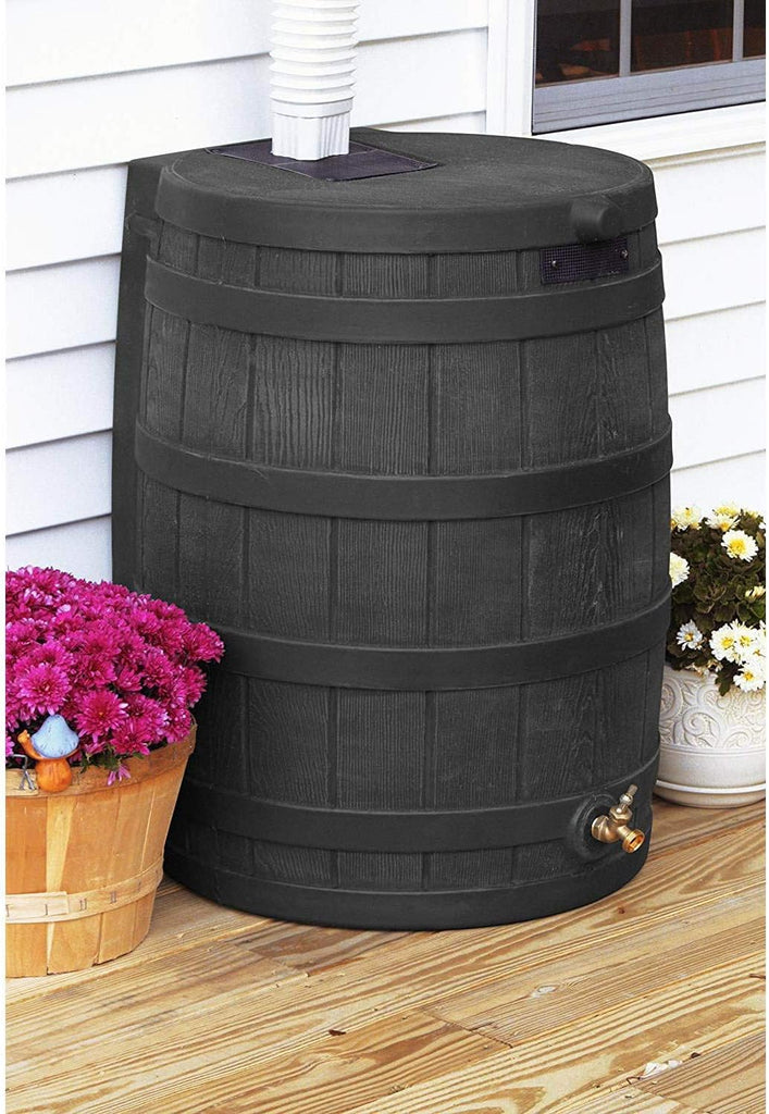 Rain Wizard Water Collection Barrel, 50 Gallon, Black, 2 Pack | Faux Wood Design - Plastic Outdoor Home Rain Barrel