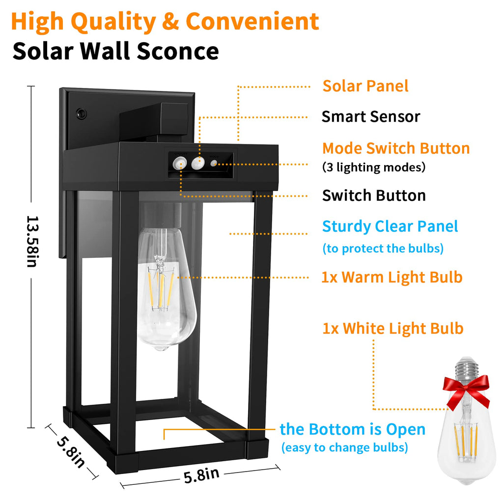 Solar Wall Lights Outdoor with 3 Lighting Modes & Motion Sensor, Solar Porch Light with 2 Bulbs, Waterproof Outdoor
