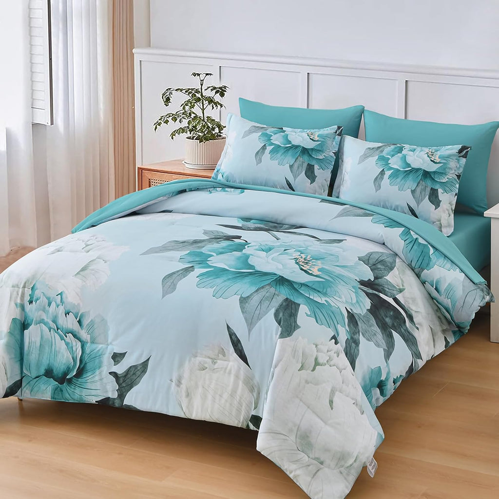 Dobuyly Floral Comforter Set Full 7 Piece Bed in a Bag, Aqua Flowers Printed on Light Blue Comforter Set with Sheets