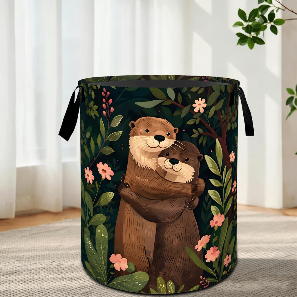 Cozy Otter Laundry Basket, Forest Blossom Print Decorative Hamper , Portable Waterproof Cloth Bin with Handles