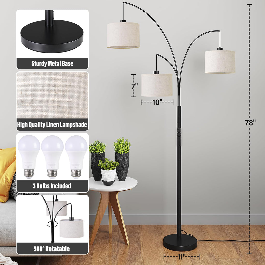 3 Lights Floor Lamp with Remote Control and 3 Stepless Dimmable Bulbs, 78" Tall Standing Lamp with Hanging Drum Shade