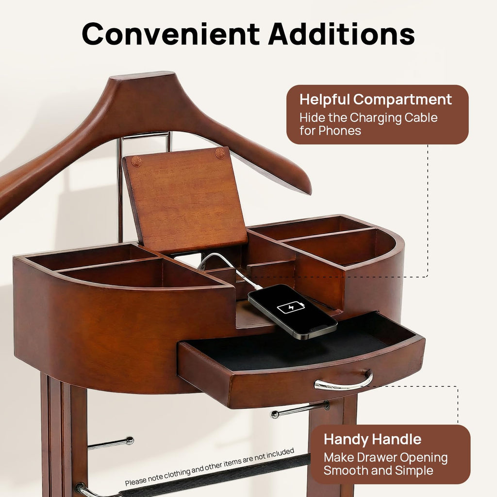 Suit Valet Stand for Men, Wood Suit Rack with Multi-Compartment Tray, Drawer, Wide Base and Two Tie Holders