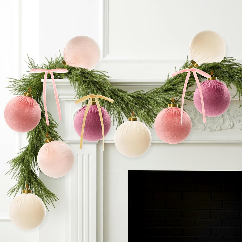36 Pcs 4 Inch Velvet Christmas Ornaments Set with Bow, Pink