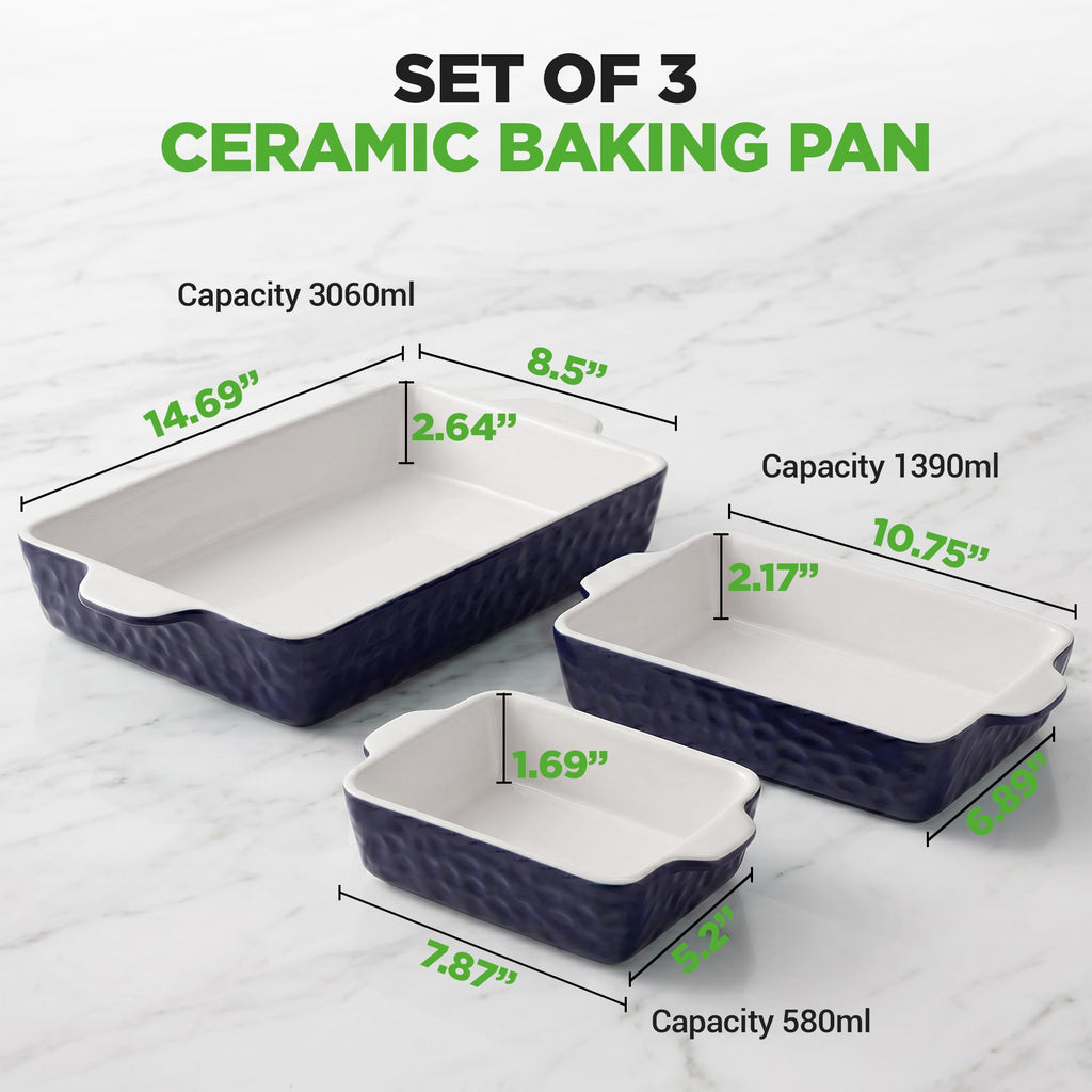 3-Piece Ceramic Casserole Dishes for Oven - Heavy Duty Rectangular Lasagna Baking Pans w/ Premium Nonstick Coating &