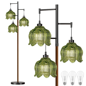 Glass Floor Lamp, Stained Green Mid Century Modern Standing Lamp Wood Tree 3 Light Tall Floor Lamps Vintage Retro