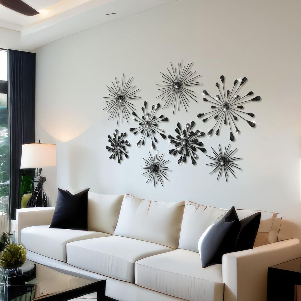 8 Pcs Metal Starburst Wall Art, 3D Crystal Teardrop Rhinestone Wall Sculptures, Modern Mid Century Hanging Accents