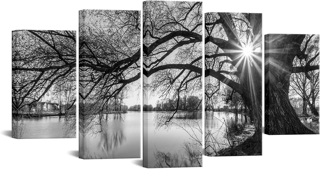 5 Pieces Wall Art Old Tree by Lake Picture Canvas Prints Sunrise Painting Black and White Landscape Canvas Art Modern
