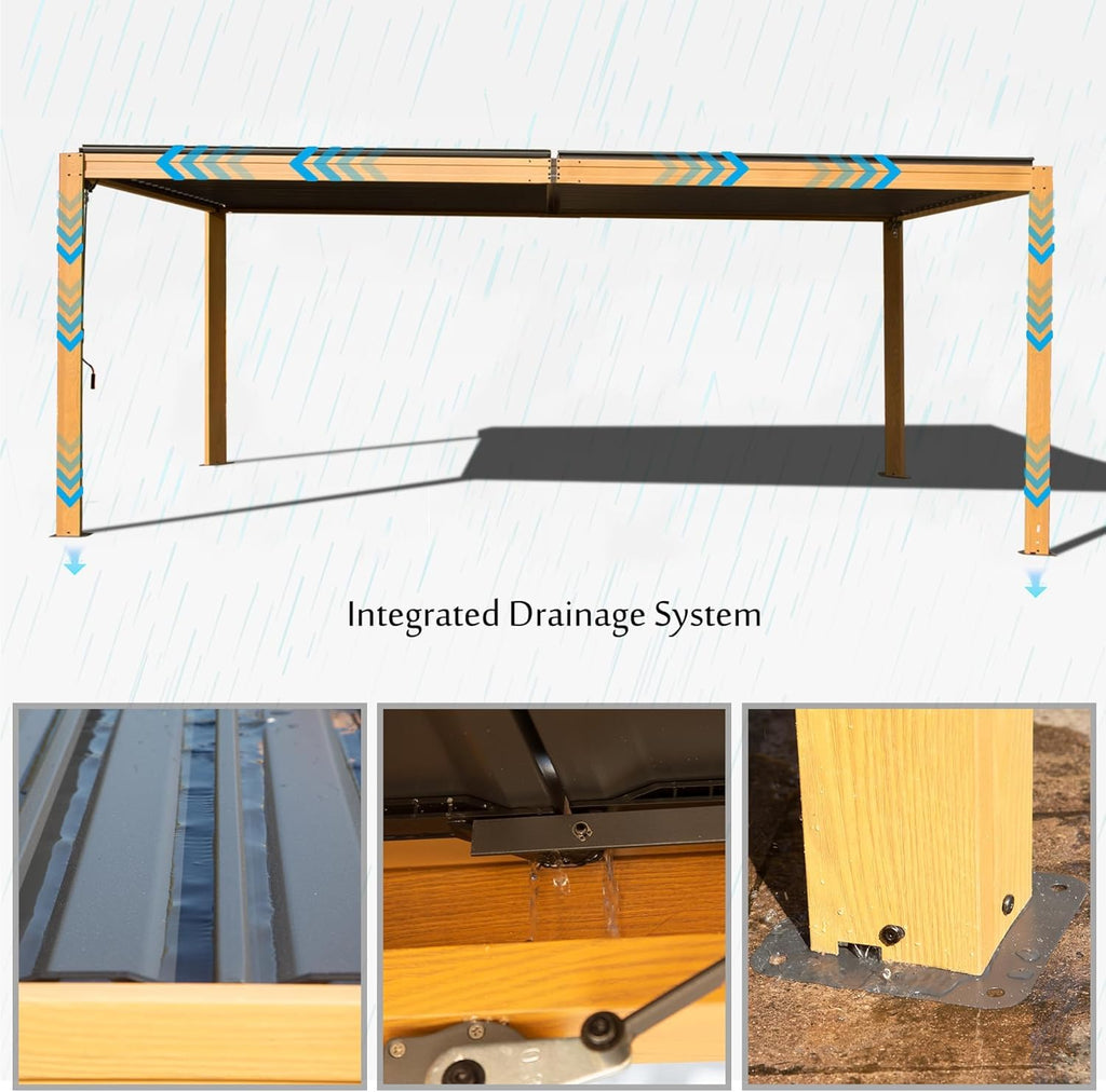 Louvered Pergola 10x16FT, Outdoor Wood Grain Pergola Aluminum Frame with Adjustable Rainproof Metal Roof