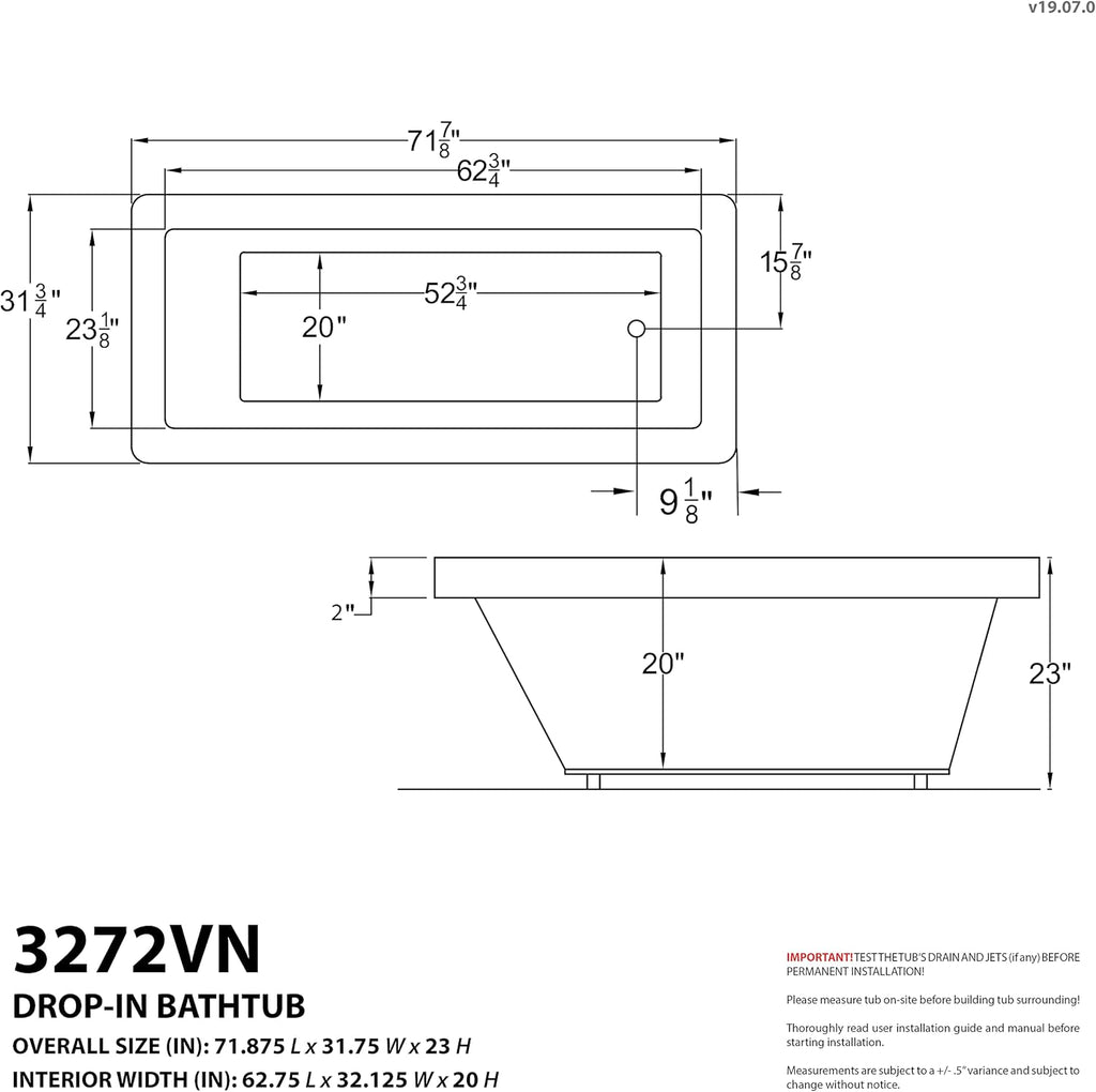 Illyrian AZ3272VNS 32" x 72" Soaker Acrylic Rectangle Drop-In Bathtub - Easy Installation - Smooth Glossy Ultra White