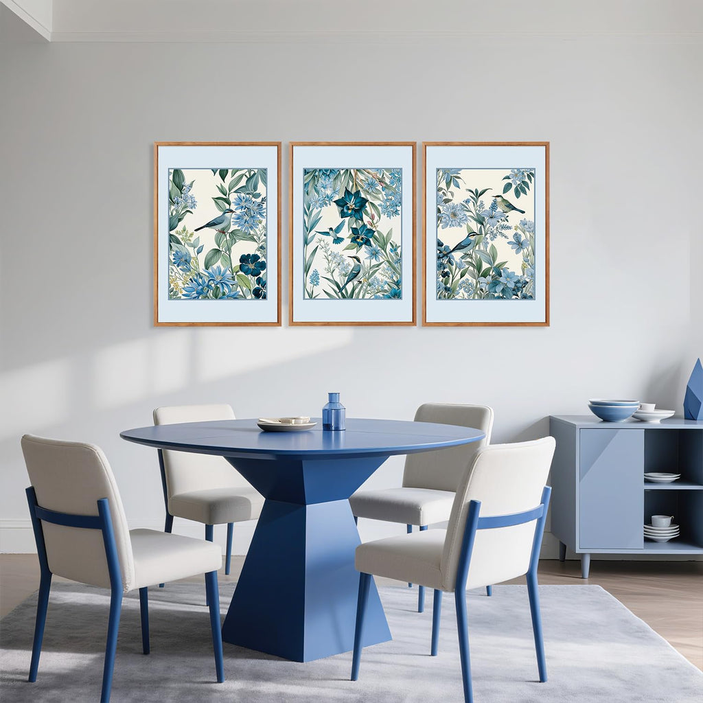 3 Pcs Blue Birds Flowers Framed Canvas Wall Art 24x36 Inch