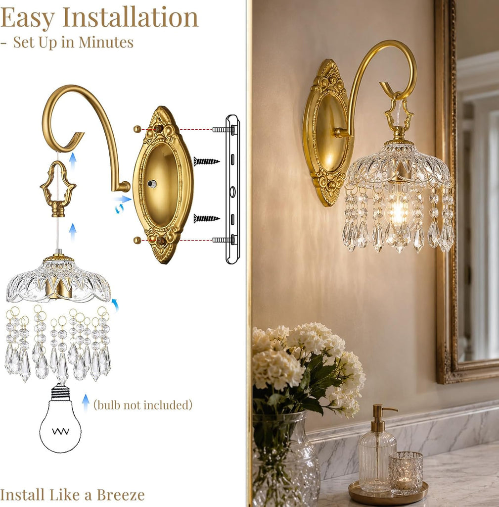 Crystal Wall Sconces Set of 2, Gold Hardwired Wall Sconce with Faceted Glass Shade and Crystal Drops, Vintage