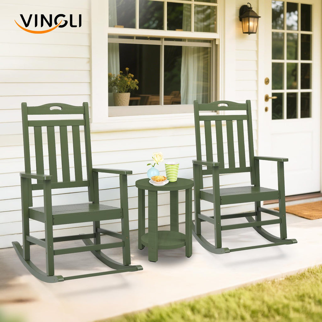 Outdoor Rocking Chair with Footrest, Wooden Rocker Set of 2, Green