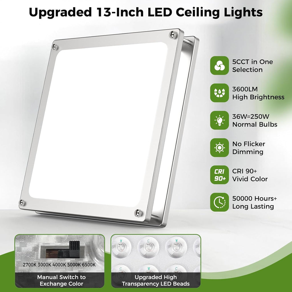 13 Inch Dimmable Square LED Ceiling Lights, 2-Pack 36W Brushed Nickel Flush Mount Light Fixtures, 3200LM Super Bright