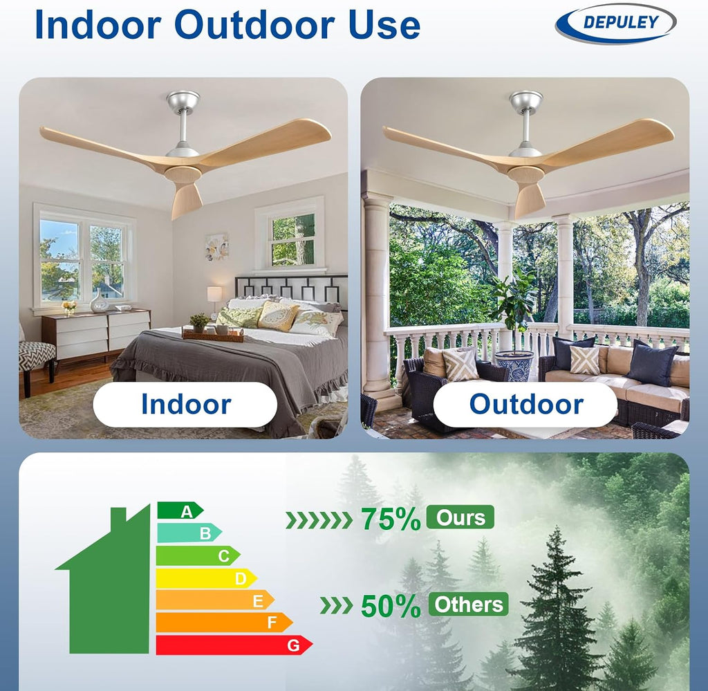 52 Inch 3 Blade Indoor Outdoor Fans for Patios - Wood Ceiling Fan No Light Remote APP Control Ultra Quiet DC Motor Reversible 6 Speed Timer A101-B0C4H65VXP