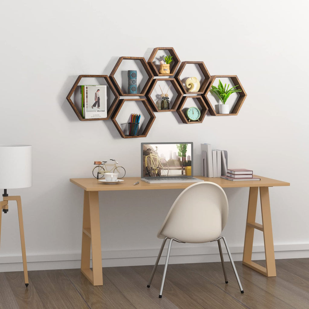 Hexagon Floating Shelves Set of 8 Wood Hexagonal Shelves Brown Wall Decor and Storage Racks Floating Honeycomb Plants