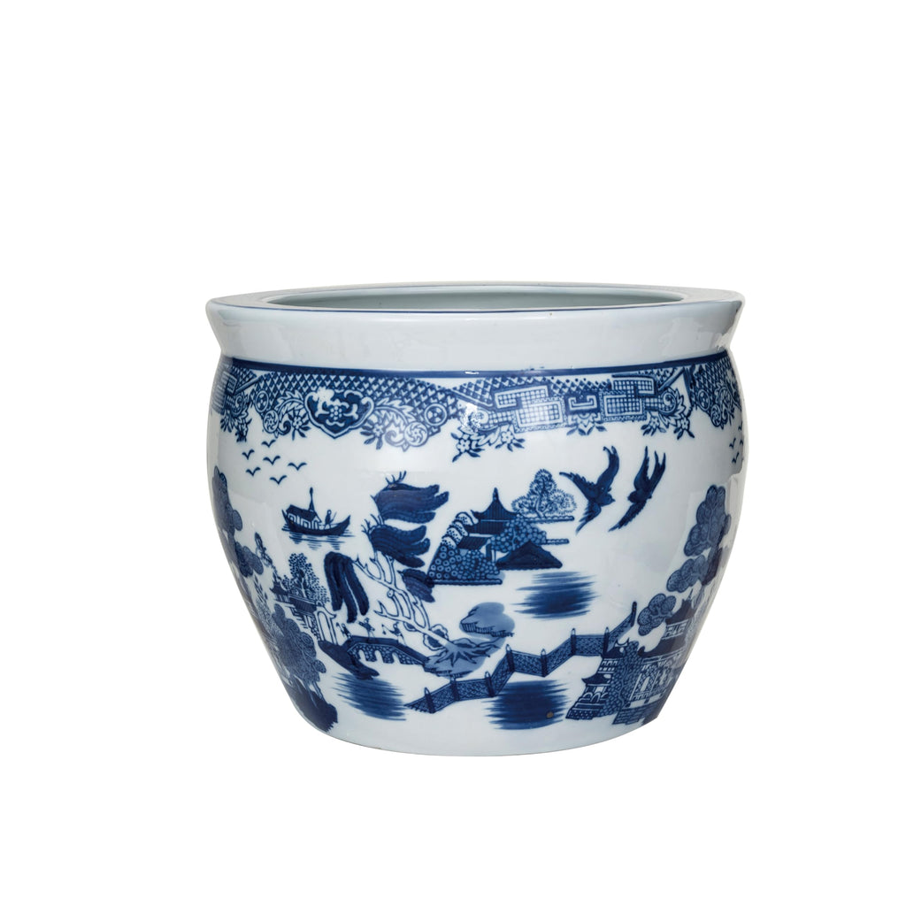 Hand-Painted Stoneware Planter, Blue and White