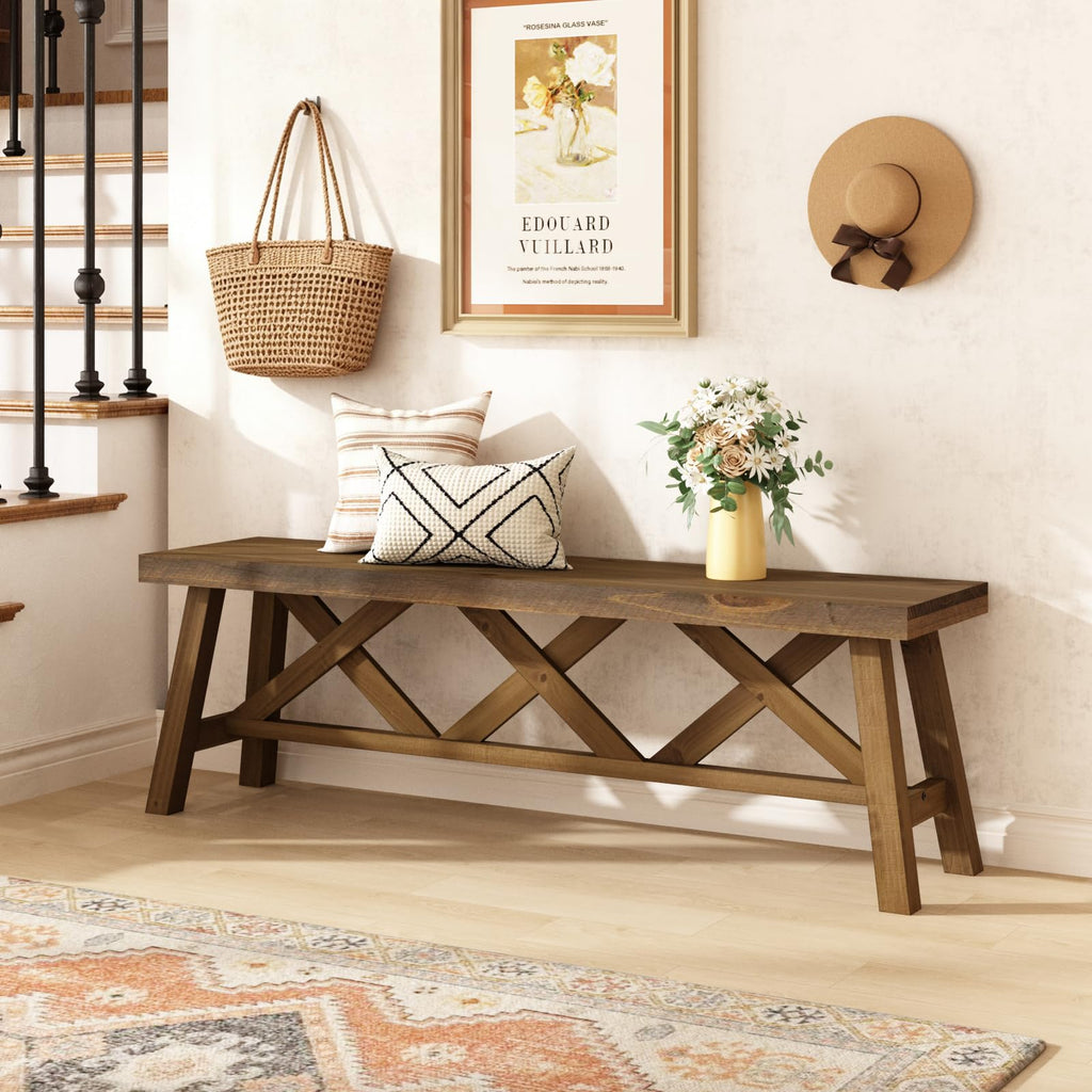 54" Farmhouse Solid Wood Bench, Rustic Entryway Bench, Natural