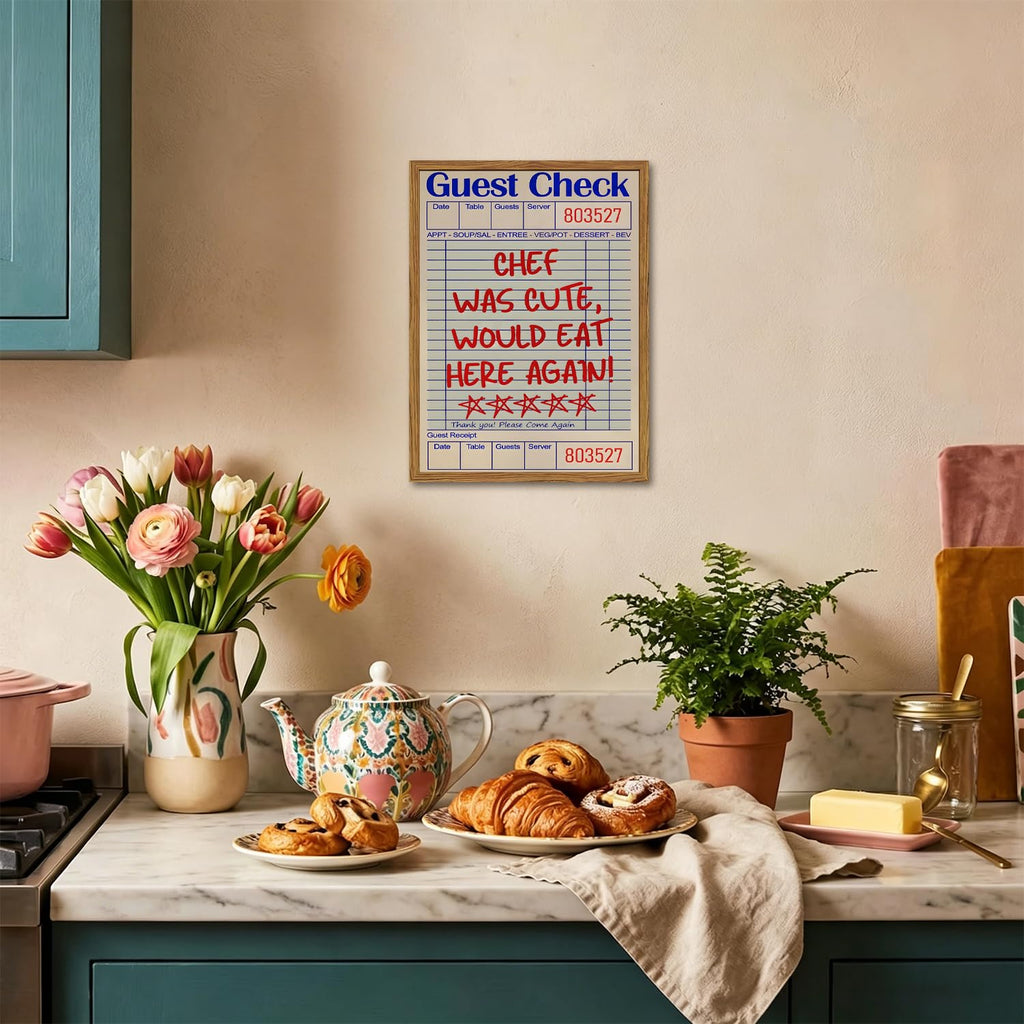 Framed Kitchen Wall Art, Retro Chef Was Cute Would Eat Here Again Pictures Wall Decor, Funky Guest Check Poster