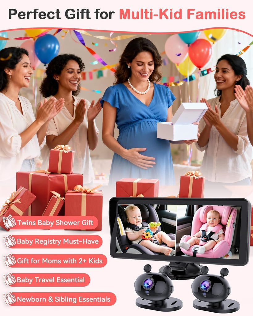 Dual Baby Car Camera HD 1080P: 6.9" Split-Screen Monitor for 2 Kids & Twins