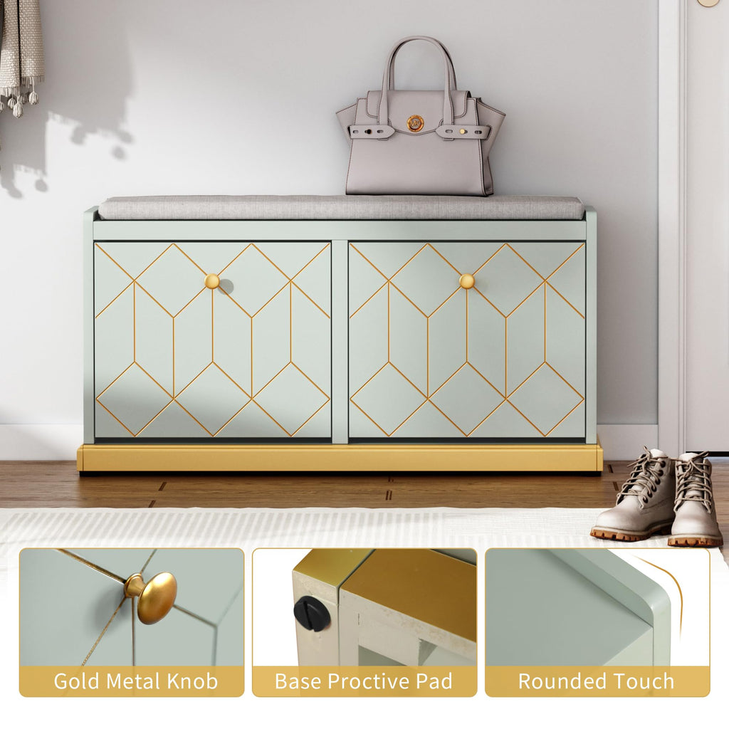Shoe Storage Bench with 2 Flip Drawer & Padded Cushion Seat