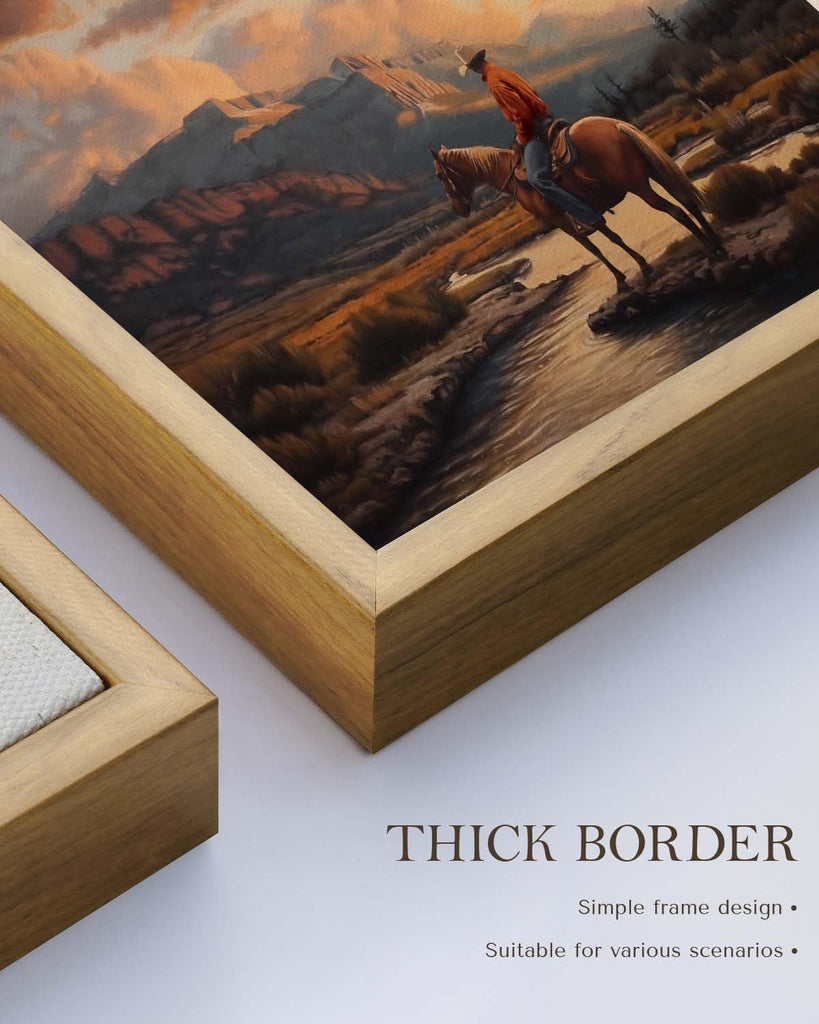 Western Cowboy Framed Canvas Wall Art 16x20 Inch, Horse Rider at Sunset Print Rustic Mountain Landscape Painting