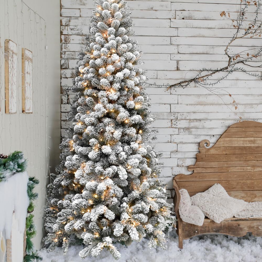 Alaskan Flocked Christmas Tree, Tall, Faux Tree with White Incandescent Smart Lights, Lights with Easy to