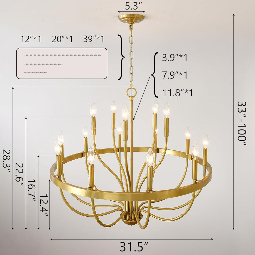 Gold Chandelier 15-Light Candle Chandelier Modern Farmhouse Pendant Lighting Fixture for Dining Room Bedroom Living Room Kitchen Island Foyer Entryway E12 Bulb Vintage Golden Ceiling Light A109-B0F98W9YF6