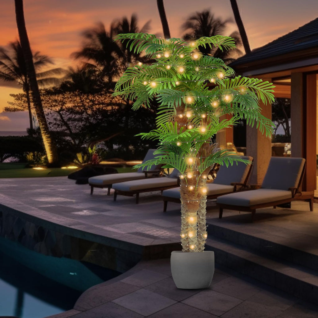 Artificial Palm Trees for Outdoors- 7.5ft Tall Triple Tropical Palm Artificial Tree, UV Resistant Fake Palm Plant