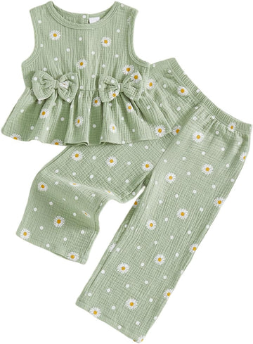 Infant Baby Toddler Girl Clothes Daisy Linen Outfits Bows Shirts Long Pants