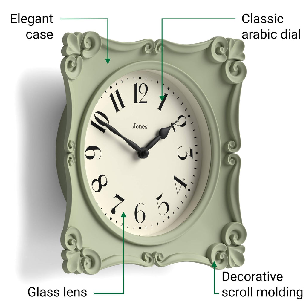 Rialto wall Clock | Ornate Square Clock | 10" | Sage Green