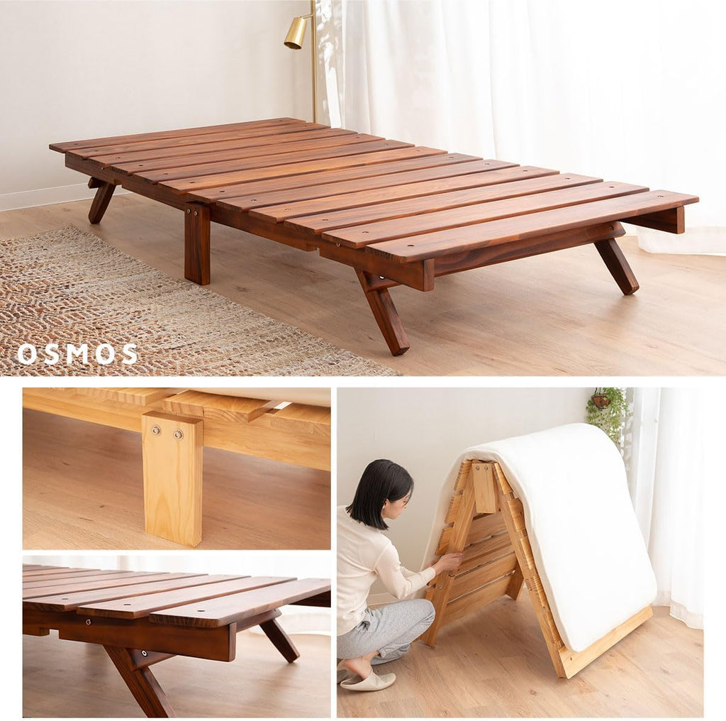 Foldable Wood Slatted Floor Bed Frame for Japanese Futon Mattress Solid Pine (Retro-Brown), Foldable and