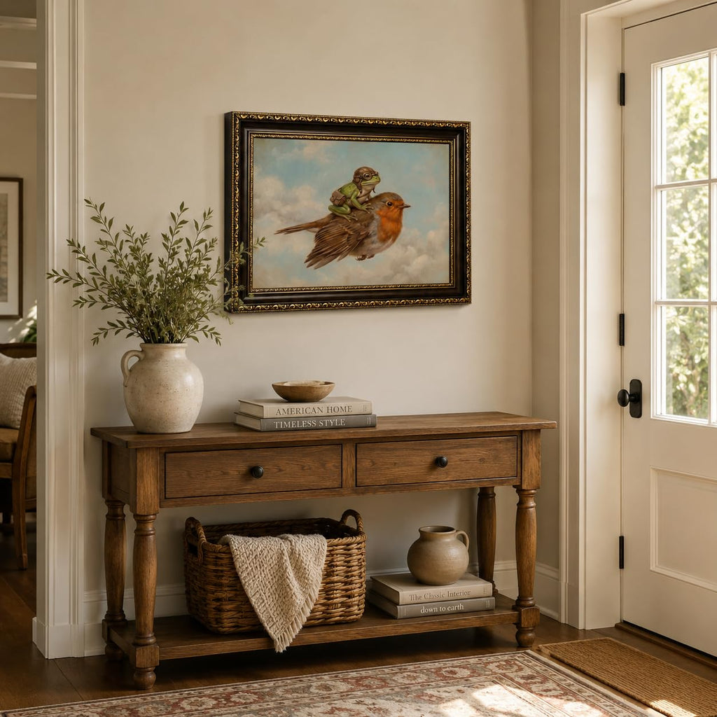 Whimsical Frog Riding Bird Framed Wall Art, Quirky Frog Print, 16x24in