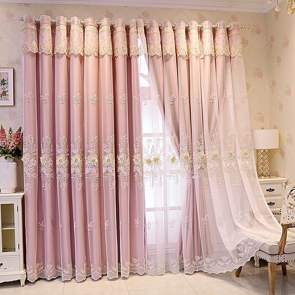1 Pair Luxury European Curtains with Valance Bedroom Double Layer Embroidered Room Darkening Curtains (Pink, 51x96