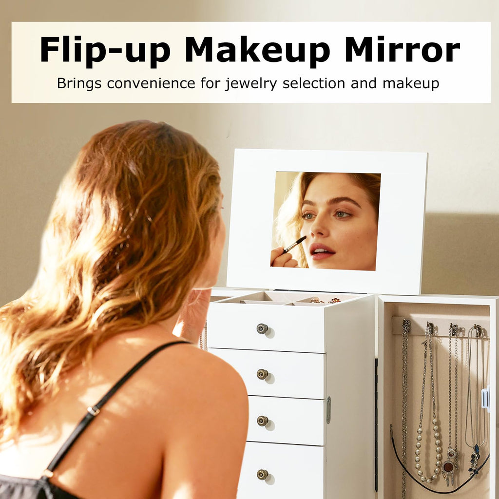Standing Jewelry Cabinet Armoire with Top Flip Mirror, Jewelry Box Chest with 4 Drawers, Top Compartments, 8 Necklace
