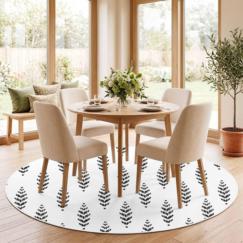 Modern Scandi Botanical Leaves 3ft Round Rug,Washable Area Rugs Minimalist Black Leaf on White Soft Circle Indoor