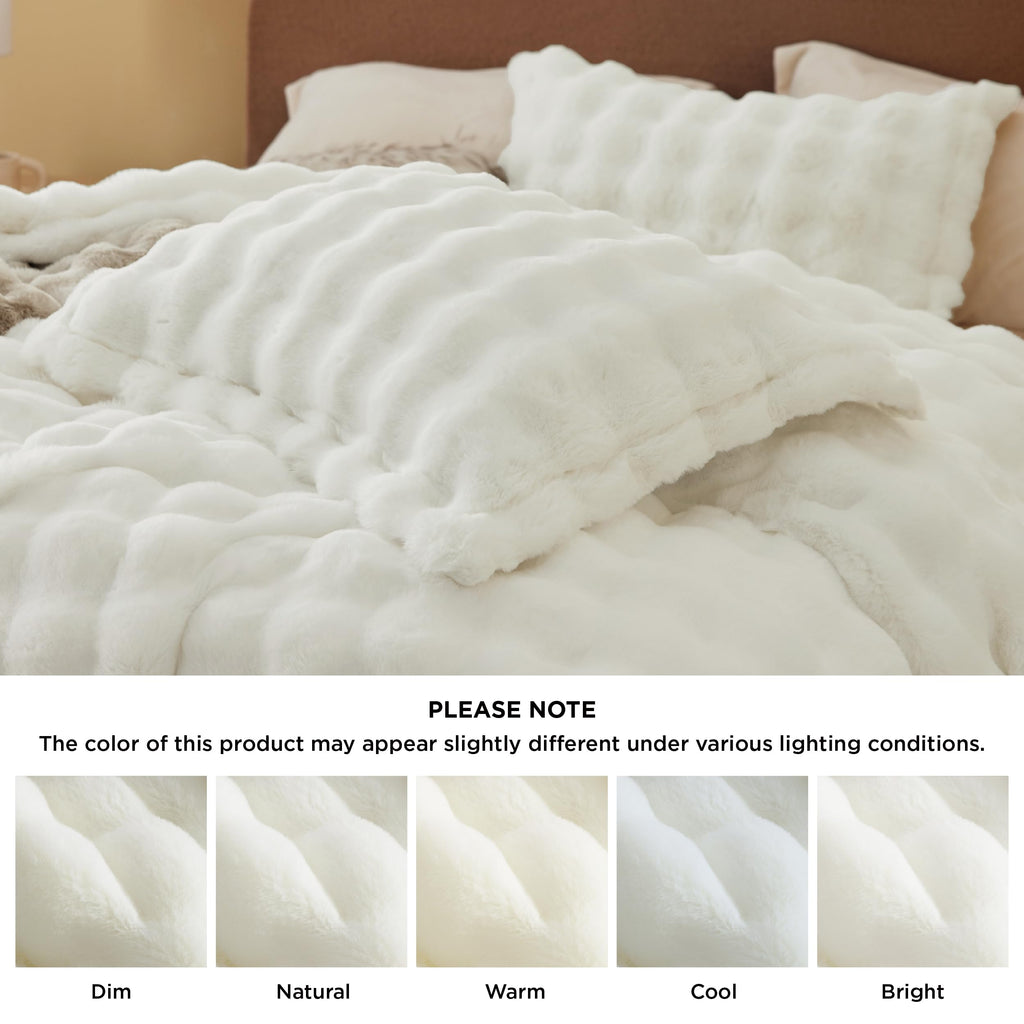 Faux Fur Duvet Cover Set, Plush Bubble Design, Coconut White