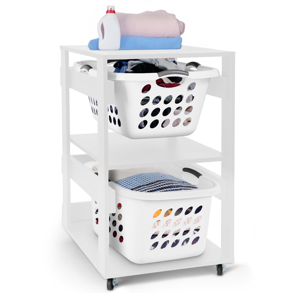 Laundry Basket Holder Shelf, Stackable Laundry Sorter, White, 2 Tier