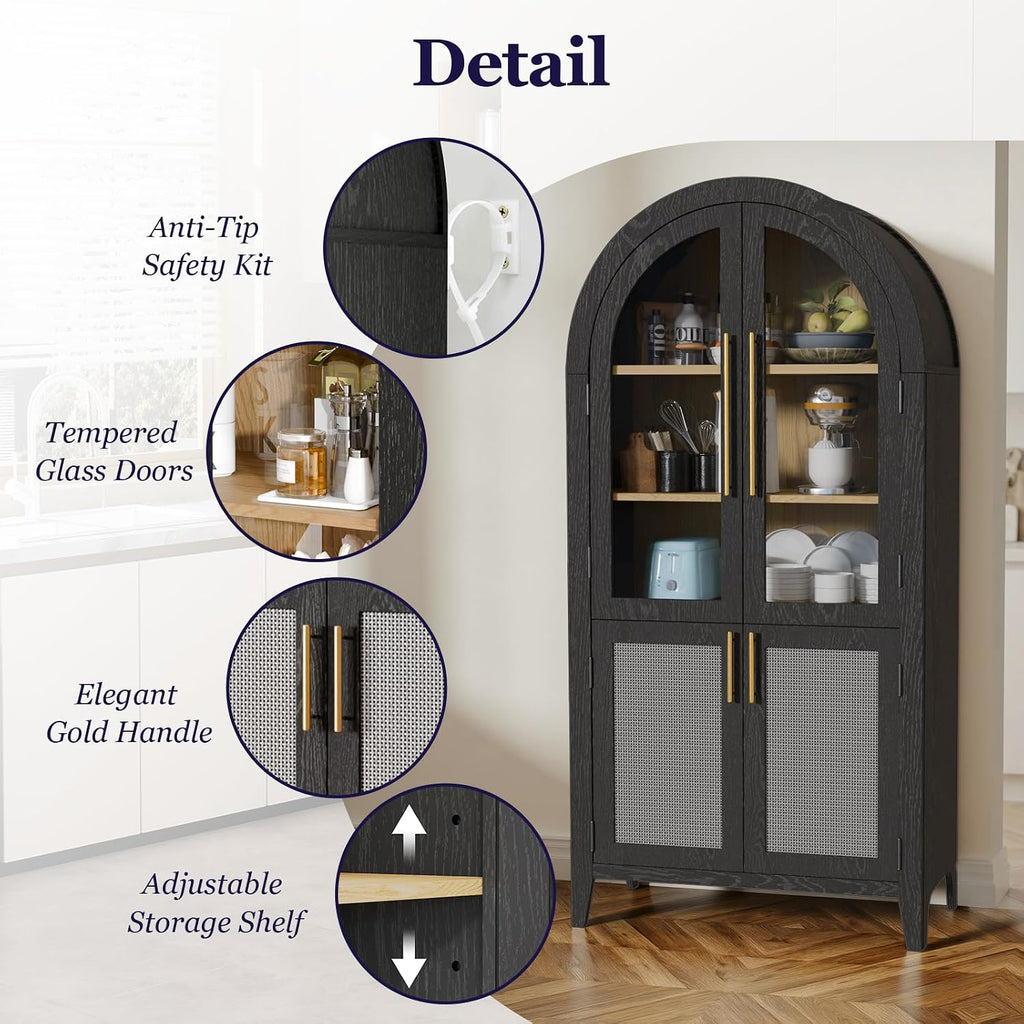 63" Tall Arched Cabinet with Glass Doors, Kitchen Pantry Storage Cabinet with Dust-Proof Rattan, 5-Tier Curio China