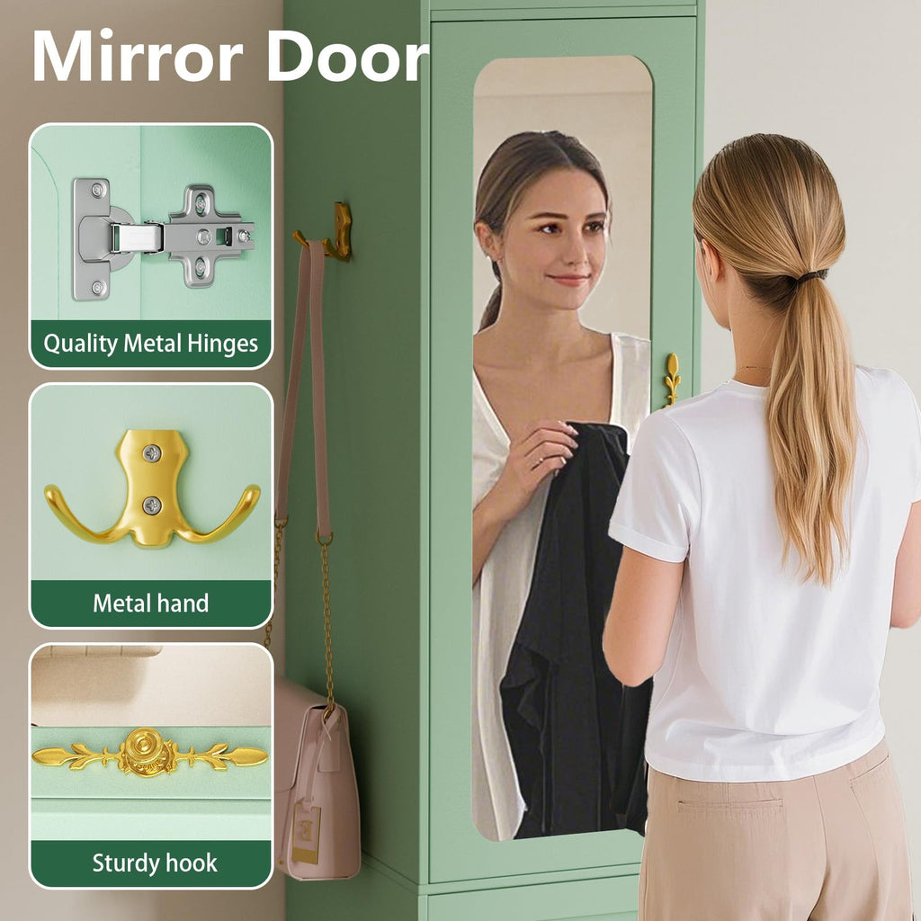 Armoire Wardrobe Closet, 69.5" H Wood Bedroom Armoires Cabinet with Mirror Door and 3 Drawers, Green Clothing Storage