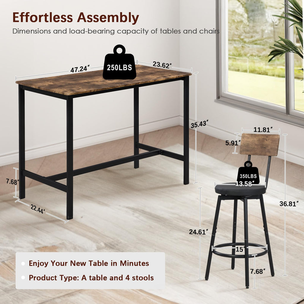 Bar Table and Chairs Set of 4, 5 Piece Counter Height High Breakfast Table Chairs Set of 4, Brown