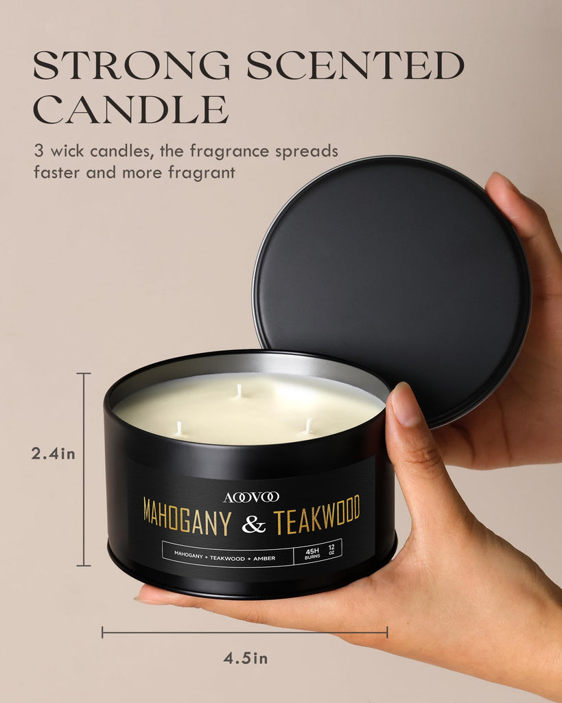 2 Pack Mahogany Teakwood Candles for Men - 3 Wick 24oz Black Candle