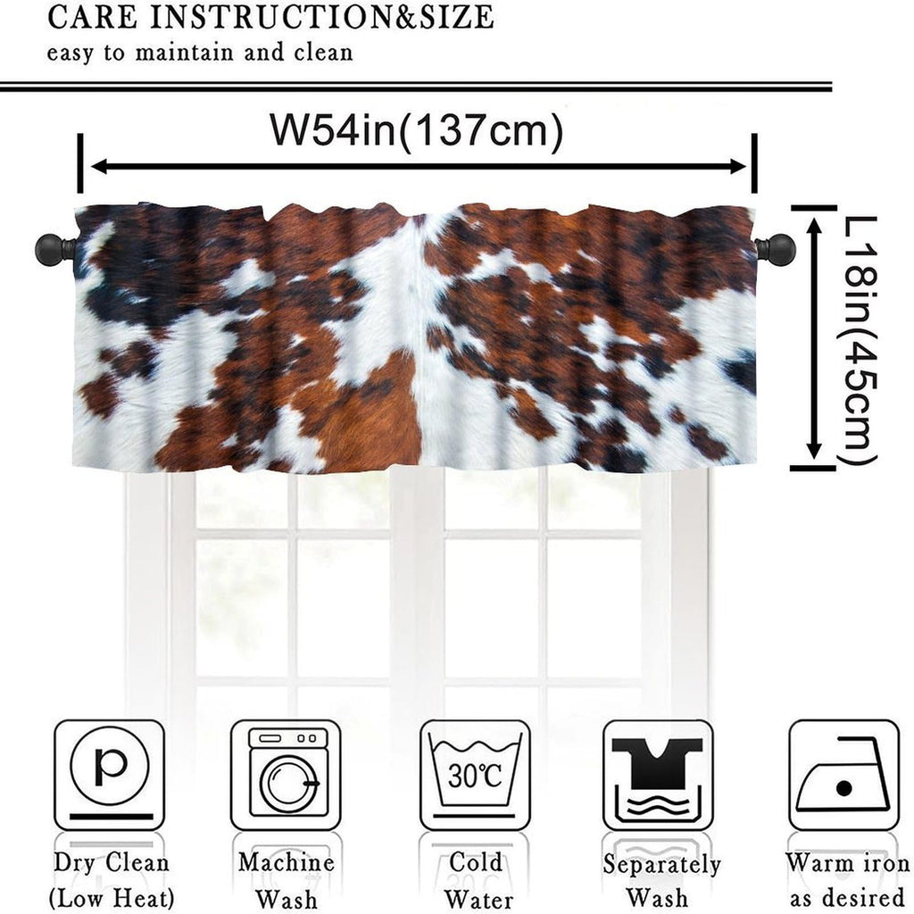 Farmhouse Cowhide Valance, Abstract Brown White Cow Fur Western Animal Skin Print Blackout Short Window Curtain