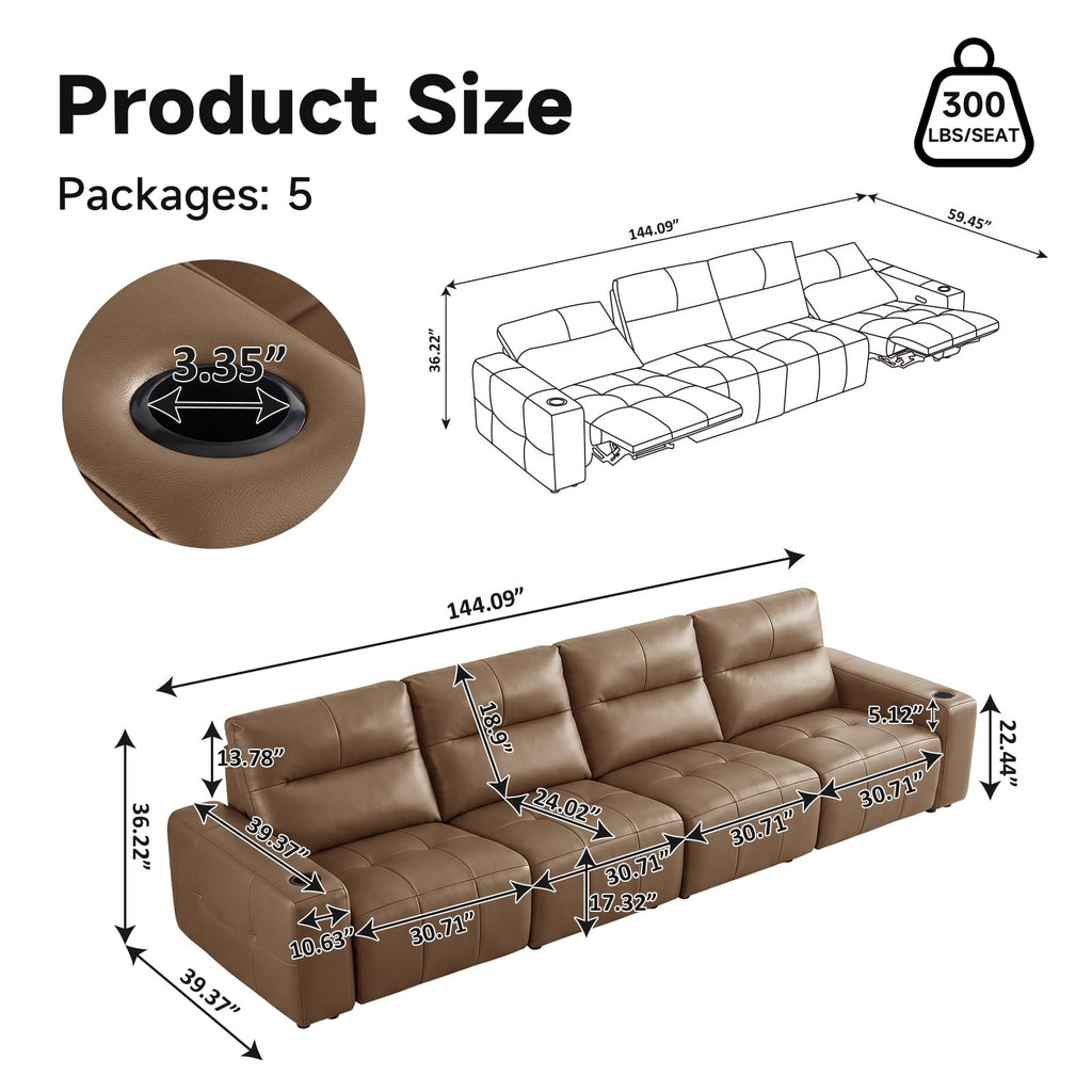 Power Recliner Sofa Genuine Leather Wall Hugger Recliners with USB Port 4-Seater Sofas with 2 Cup Holders, Brown