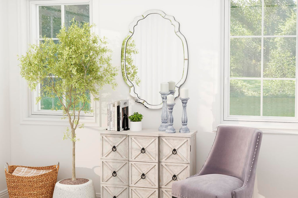 Modern Decorative Wall Mirror, 36'' x 24'' Scalloped Mirror with Beveled Glass Pieces, Large Wall Mirror, Mantel