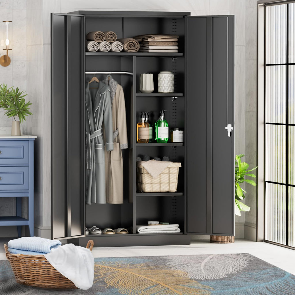 Metal Storage Wardrobe with 2 Doors, Black 72" Steel Storage Wardrobe Cabinet, Employees Locker Closet Clothing Coat